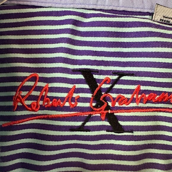 Robert Graham Shirt Mens Large Cotton Stripe Flip Cuff   button up blue yellow - Picture 5 of 8